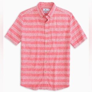 Southern Tide Men's Edgewater Linen Printed Short Sleeve Button Down Rouge Red